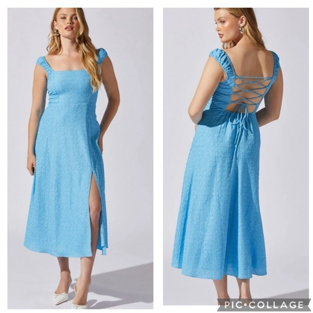 Women's ASTR The Label Blue Textured Lace-Up Back Midi Dress S